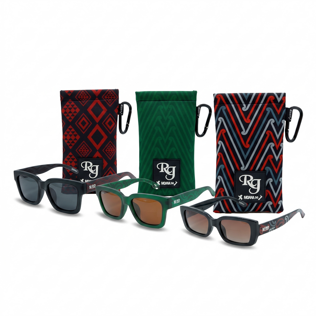 Three pairs of sunglasses with matching carrying cases on a white background