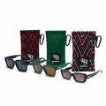 Three pairs of sunglasses with matching carrying cases on a white background