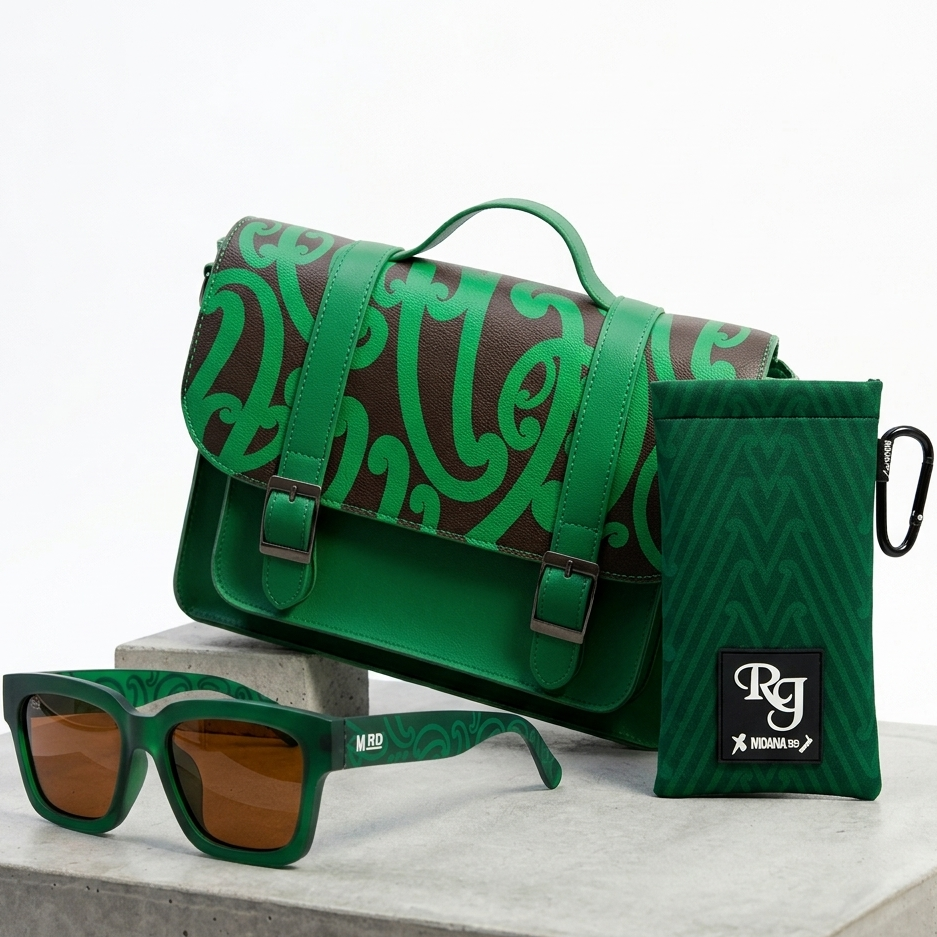 Green patterned bag, sunglasses, and pouch on a light gray surface with a white background