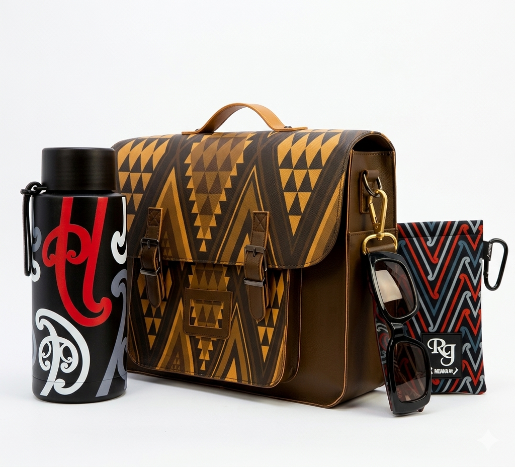 Brown patterned satchel with black and red thermos, sunglasses, and pouch on a white background