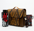 Brown patterned satchel with black and red thermos, sunglasses, and pouch on a white background